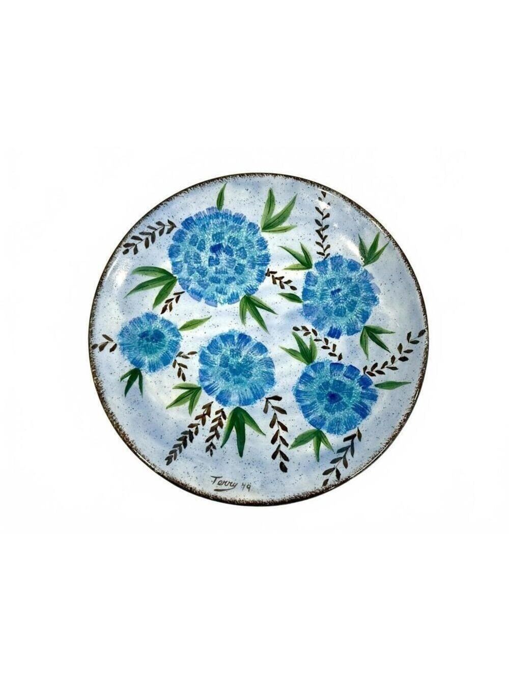 Vintage Hand Painted Studio Pottery Plate – Blue Floral Design – Signed 1970s